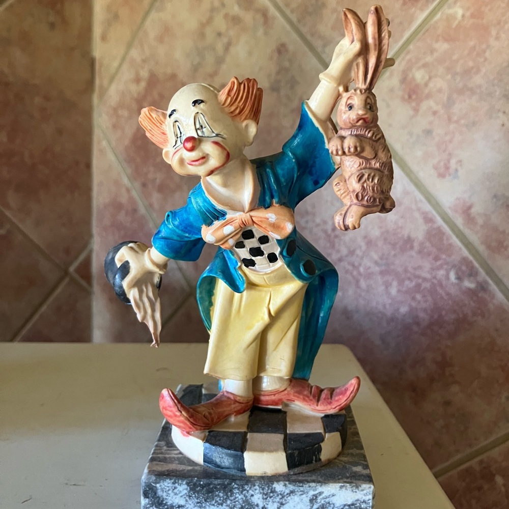 Italian Vintage Colorful Carrara Clown Figurine with Rabbit